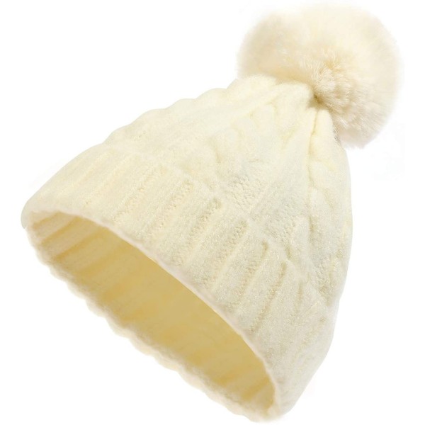 Skullies & Beanies Winter Beanie Knit Hat with Faux Fur Pom Pom Slouchy Soft Warm Stretch Cable Ski Cap for Women - White - C...