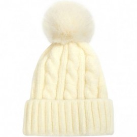 Skullies & Beanies Winter Beanie Knit Hat with Faux Fur Pom Pom Slouchy Soft Warm Stretch Cable Ski Cap for Women - White - C...