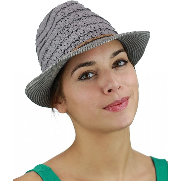 Fedoras Braided Trim Spring Summer Cotton Lace Vented Fedora Hat - Light Grey - C217YK9XYA4 $7.98