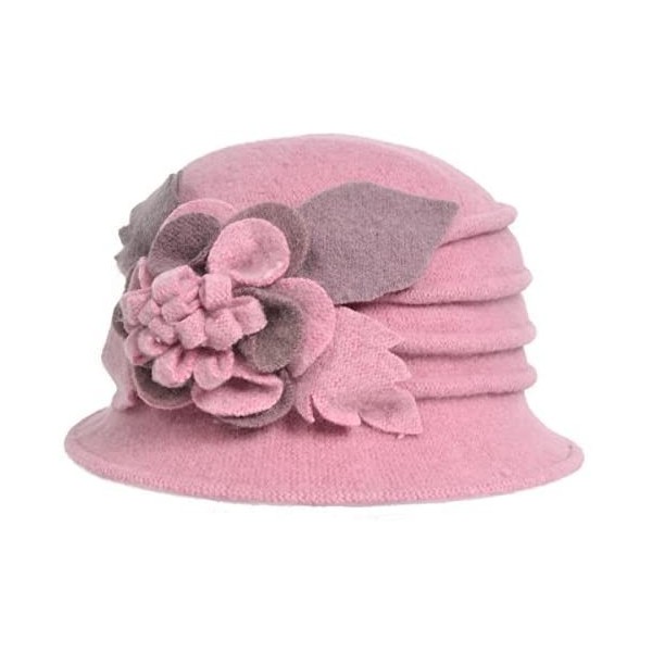 Bucket Hats Lady 100% Wool Floral Bucket Cloche Bowler Hat Felt Dress Hat XC020 - Pink - C412MXADFVU $19.55