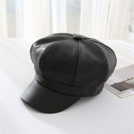 Berets PU Leather Beret Caps Women Newsboy Hats Autumn Winter Plain Visor Beret for Women Girl - Black-a - CP18A4HXWZ2 $11.82