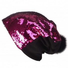 Skullies & Beanies Sparkly Double Sided Sequin Slouchy Beanie for Winter- Cozy and Oversized with Faux Fur Pom Pom - Fuchsia ...