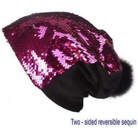 Skullies & Beanies Sparkly Double Sided Sequin Slouchy Beanie for Winter- Cozy and Oversized with Faux Fur Pom Pom - Fuchsia ...