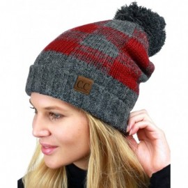 Skullies & Beanies Soft Stretch Pom Pom Fuzzy Lined Buffalo Plaid Cuff Beanie Hat - Dark Melange Gray/Burgundy - C4187C44D7L ...