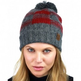 Skullies & Beanies Soft Stretch Pom Pom Fuzzy Lined Buffalo Plaid Cuff Beanie Hat - Dark Melange Gray/Burgundy - C4187C44D7L ...