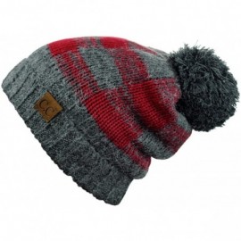 Skullies & Beanies Soft Stretch Pom Pom Fuzzy Lined Buffalo Plaid Cuff Beanie Hat - Dark Melange Gray/Burgundy - C4187C44D7L ...