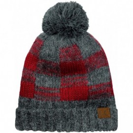 Skullies & Beanies Soft Stretch Pom Pom Fuzzy Lined Buffalo Plaid Cuff Beanie Hat - Dark Melange Gray/Burgundy - C4187C44D7L ...