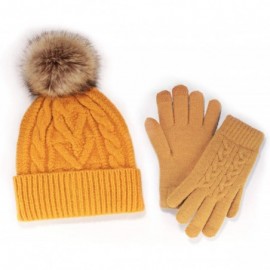 Skullies & Beanies Women's Classic Winter Fleeced Thermal Pom Pom Beanie Hat and Mittens Set - Golden Yellow Set - C01944EGSS...