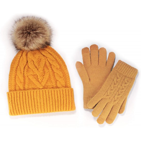 Skullies & Beanies Women's Classic Winter Fleeced Thermal Pom Pom Beanie Hat and Mittens Set - Golden Yellow Set - C01944EGSS...