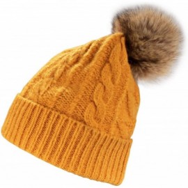 Skullies & Beanies Women's Classic Winter Fleeced Thermal Pom Pom Beanie Hat and Mittens Set - Golden Yellow Set - C01944EGSS...