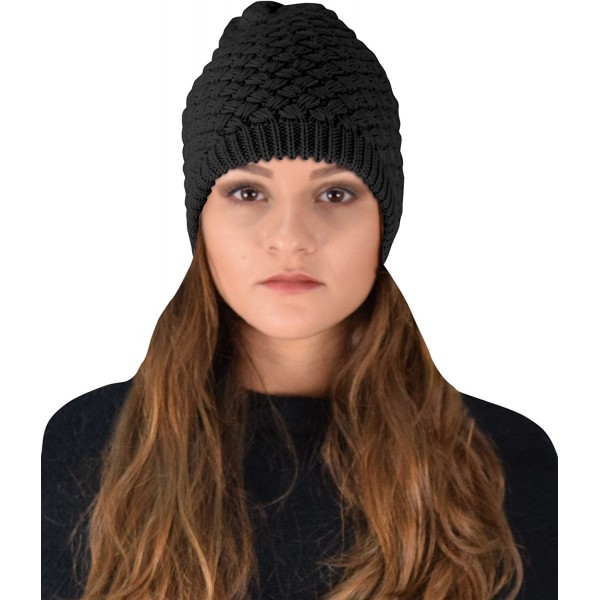 Skullies & Beanies Thick Crochet Knit Quilted Double Layer Beanie Slouchy Hat - Black - CJ12NR6ISVU $12.08