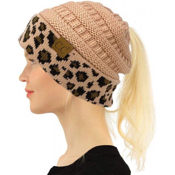 Skullies & Beanies Ponytail Messy Bun BeanieTail Soft Winter Knit Stretch Beanie Hat - Leopard Indi Pink - CV18AEKL63R $14.21