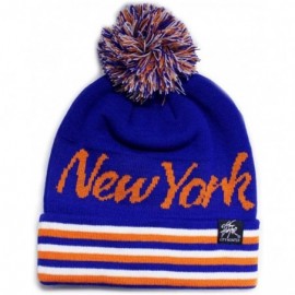 Skullies & Beanies Sk930 Stripe Script City Pom Knit Beanie Hat -New York - Royal/Orange - CK11GHE731T $14.96