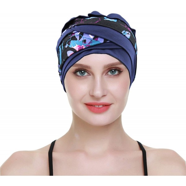 Skullies & Beanies Slip-on Lightweight Chemo Turbans for Women Hair Loss-Breathable Bamboo - Navy Floral - CY192O6NSI9 $19.96