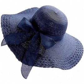 Sun Hats Women Colorful Big Brim Straw Bow Hat Sun Floppy Wide Brim Hats Beach Cap - Navy - CK18QELWIG4 $27.08