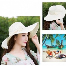 Sun Hats Women Colorful Big Brim Straw Bow Hat Sun Floppy Wide Brim Hats Beach Cap - Navy - CK18QELWIG4 $15.68