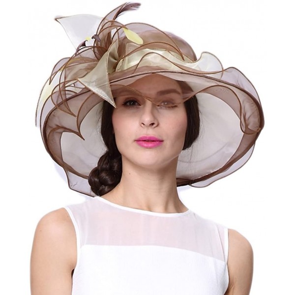 Sun Hats Women Race Hats Organza Hat with Ruffles Feathers - Brown/Bright Light Green - CX12EOR2KJZ $28.09