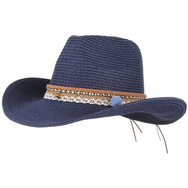 Sun Hats Cowboy Cowgirl Floppy Sun Hat Fedora Straw Wide Brim Bucket Beach Cap - Navy Blue - C318D6KA4AM $12.08