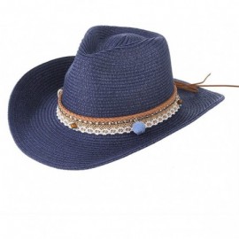 Sun Hats Cowboy Cowgirl Floppy Sun Hat Fedora Straw Wide Brim Bucket Beach Cap - Navy Blue - C318D6KA4AM $12.08