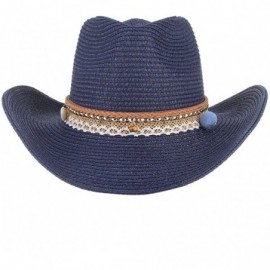 Sun Hats Cowboy Cowgirl Floppy Sun Hat Fedora Straw Wide Brim Bucket Beach Cap - Navy Blue - C318D6KA4AM $23.21