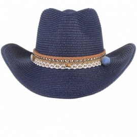 Sun Hats Cowboy Cowgirl Floppy Sun Hat Fedora Straw Wide Brim Bucket Beach Cap - Navy Blue - C318D6KA4AM $12.08