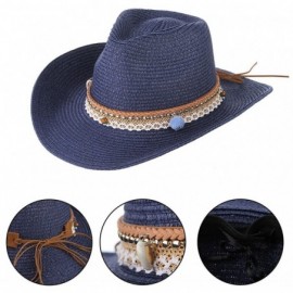 Sun Hats Cowboy Cowgirl Floppy Sun Hat Fedora Straw Wide Brim Bucket Beach Cap - Navy Blue - C318D6KA4AM $12.08