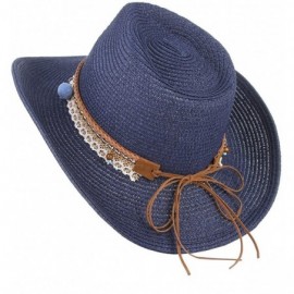 Sun Hats Cowboy Cowgirl Floppy Sun Hat Fedora Straw Wide Brim Bucket Beach Cap - Navy Blue - C318D6KA4AM $12.08