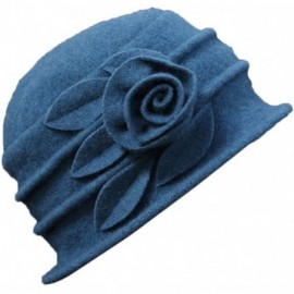Skullies & Beanies Women 100% Wool Felt Round Top Cloche Hat Fedoras Trilby with Bow Flower - A2 Blue - CX185AD475W $32.90