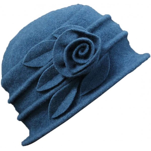 Skullies & Beanies Women 100% Wool Felt Round Top Cloche Hat Fedoras Trilby with Bow Flower - A2 Blue - CX185AD475W $17.32