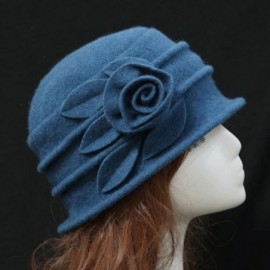 Skullies & Beanies Women 100% Wool Felt Round Top Cloche Hat Fedoras Trilby with Bow Flower - A2 Blue - CX185AD475W $17.32