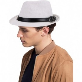 Fedoras Mens Womens Short Brim Structured Straw Fedora Hat Summer Sun Hat - White Hat Black Belt - CZ18CO09EM8 $12.37