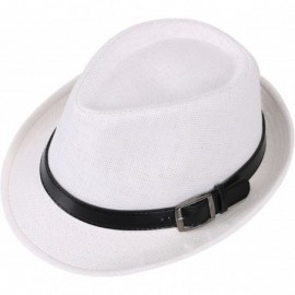 Fedoras Mens Womens Short Brim Structured Straw Fedora Hat Summer Sun Hat - White Hat Black Belt - CZ18CO09EM8 $12.37
