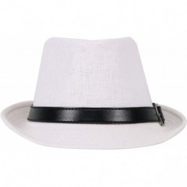 Fedoras Mens Womens Short Brim Structured Straw Fedora Hat Summer Sun Hat - White Hat Black Belt - CZ18CO09EM8 $12.37