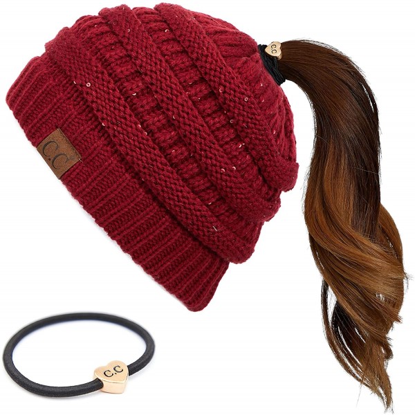 Skullies & Beanies Messy Bun Ponytail Magic Magic Sequin Beanie Hat Bundle Hair Tie (MB-730) - Burgundy - With Cc Ponytail Ho...