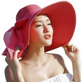 Sun Hats Women Big Bowknot Straw Hat Floppy Foldable Roll Up Beach Cap Sun Hat - Red - CF18D2XQR50 $26.49