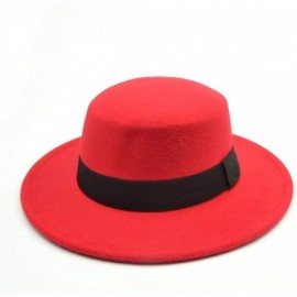 Fedoras Wool Pork Pie Boater Flat Top Hat Black for Women's Men's- Felt Wide Brim Fedora Gambler Hat - Red - C318UDGZGZU $22.90