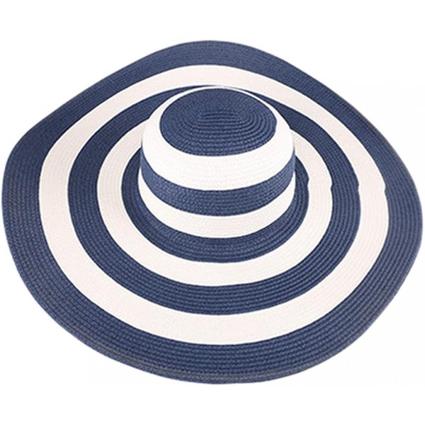 Sun Hats Women's British Elegant Floppy Wide Brim Striped Straw Beach Sun Hat - Diff Colors - Navy Blue - CJ18Q6K5X3E $33.41