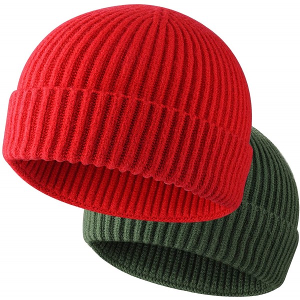 Skullies & Beanies 2PCS Swag Wool Knit Cuff Short Fisherman Beanie for Men Women- Winter Warm Hats - Set L(red+army Green) - ...