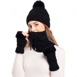 Skullies & Beanies 3 Pieces Knitted Hat Set Winter Thick Warm Knit Hat + Scarf + Touch Screen Gloves - Black_soft Chenille - ...