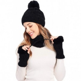 Skullies & Beanies 3 Pieces Knitted Hat Set Winter Thick Warm Knit Hat + Scarf + Touch Screen Gloves - Black_soft Chenille - ...