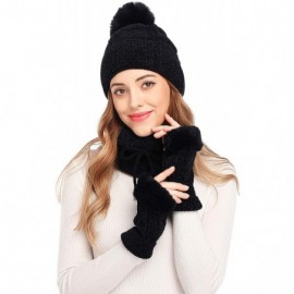 Skullies & Beanies 3 Pieces Knitted Hat Set Winter Thick Warm Knit Hat + Scarf + Touch Screen Gloves - Black_soft Chenille - ...