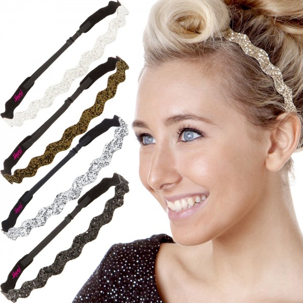 Headbands 5pk Women's Adjustable NO SLIP Wave Bling Glitter Headband Multi Gift Pack (Gold/Black/Silver/Brown/White) - CC1274...