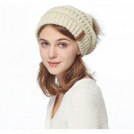 Skullies & Beanies Womens Winter Knit Beanie Hat Slouchy Warm Raccoon Fur Pom Pom Hat Caps for Women Ladies Girls - CB18ZXWM3...