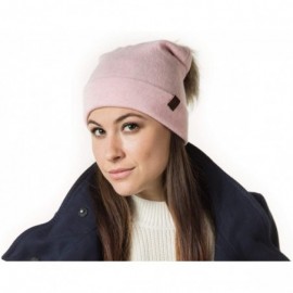Skullies & Beanies Marino Slouchy Beanie Hat for Women - Cashmere Blend - Rabbit Fur Pompom - Pink - CO18MCZ4ELA $34.53