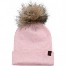 Skullies & Beanies Marino Slouchy Beanie Hat for Women - Cashmere Blend - Rabbit Fur Pompom - Pink - CO18MCZ4ELA $15.25