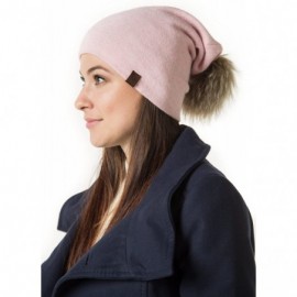 Skullies & Beanies Marino Slouchy Beanie Hat for Women - Cashmere Blend - Rabbit Fur Pompom - Pink - CO18MCZ4ELA $15.25