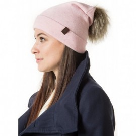 Skullies & Beanies Marino Slouchy Beanie Hat for Women - Cashmere Blend - Rabbit Fur Pompom - Pink - CO18MCZ4ELA $15.25