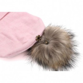 Skullies & Beanies Marino Slouchy Beanie Hat for Women - Cashmere Blend - Rabbit Fur Pompom - Pink - CO18MCZ4ELA $15.25