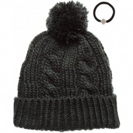 Skullies & Beanies Women's Thick Oversized Cable Knitted Fleece Lined Pom Pom Beanie Hat with Hair Tie. - Olive - C712JOJP7M5...