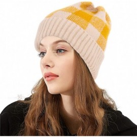 Skullies & Beanies Winter Soft Stretch Buffalo Plaid Cuff Beanie Hat Thick Chunky Warm Knit Skull Ski Cap - Beige/Yellow - CY...